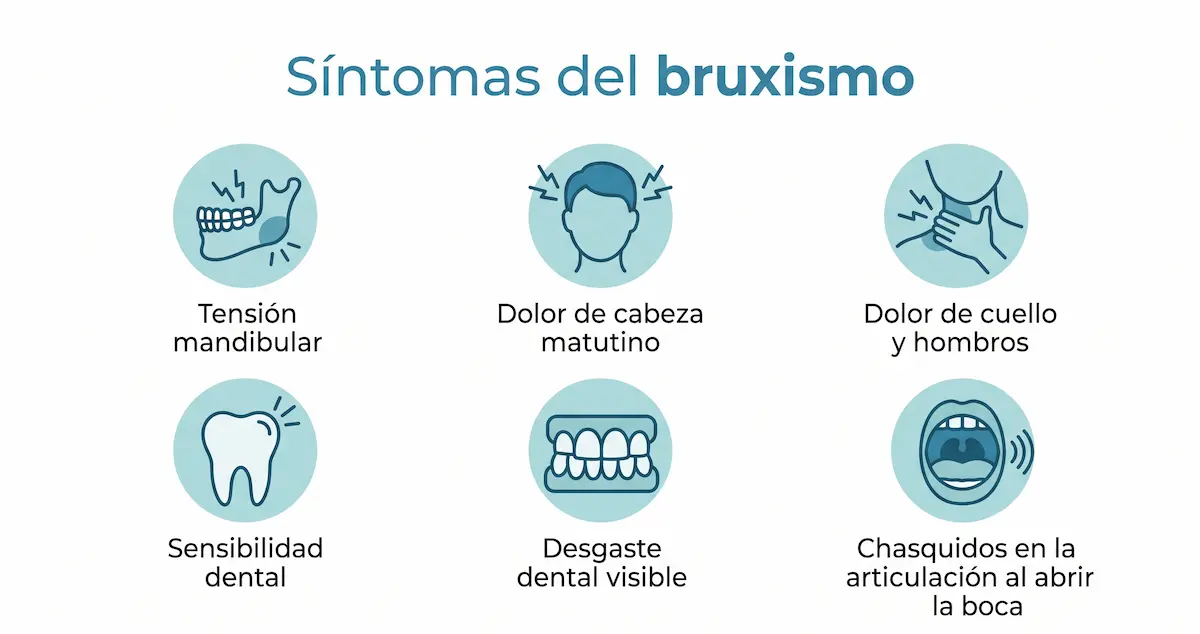Infografía: Síntomas del bruxismo — tensión mandibular, dolor de cabeza matutino, dolor de cuello y hombros, sensibilidad dental, desgaste dental visible, chasquidos en la articulación
